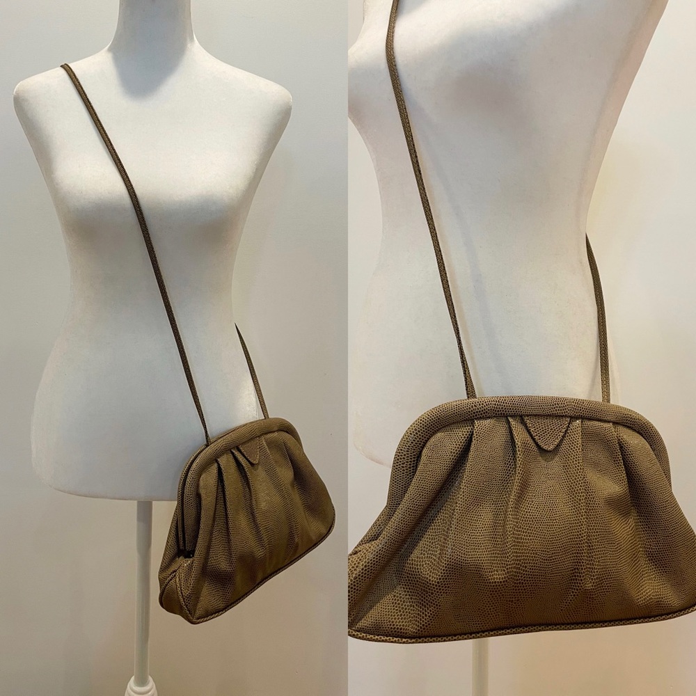 Vintage 80s Taupe Pebbled Leather Ruched Framed Crossbody/Clutch